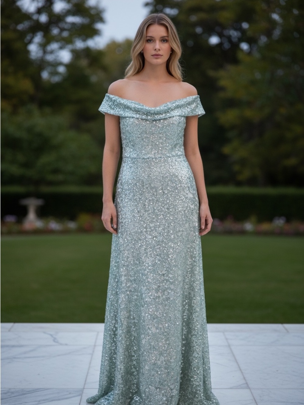 Alex Evenings Sequin Off-Shoulder Evening Gown in Light Aqua